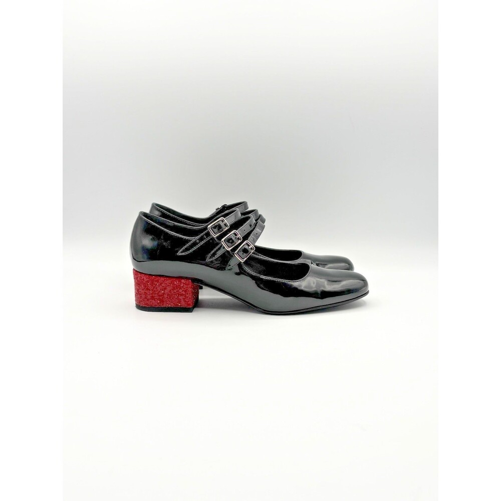 YSL Yves Saint Laurent Black Patent Mary Janes Red Glitter Heel Size EU 35.5